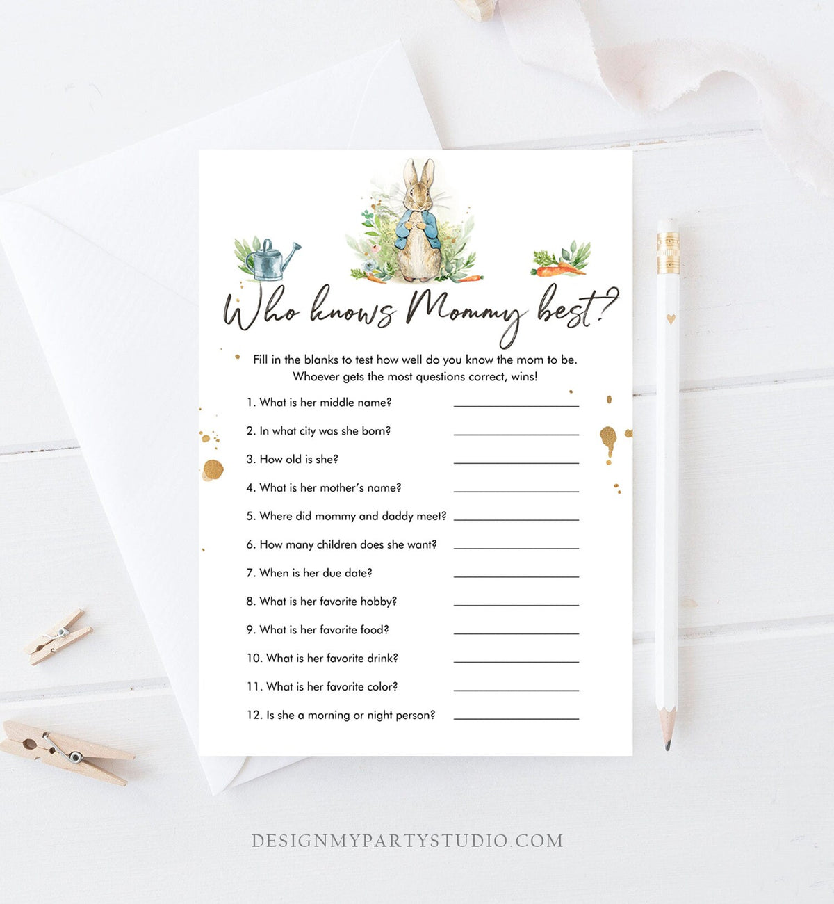 Editable Who Knows Mommy Best Baby Shower Game Greenery Peter Rabbit Baby Shower Bunny Shower Rustic Spring Corjl Template Printable 0351