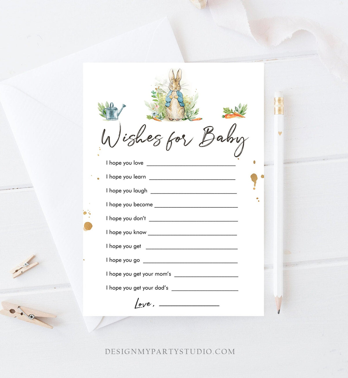 Editable Whishes for the Baby Game Baby Shower Greenery Peter Rabbit Baby Shower Bunny Spring Boy Rustic Corjl Template Printable 0351
