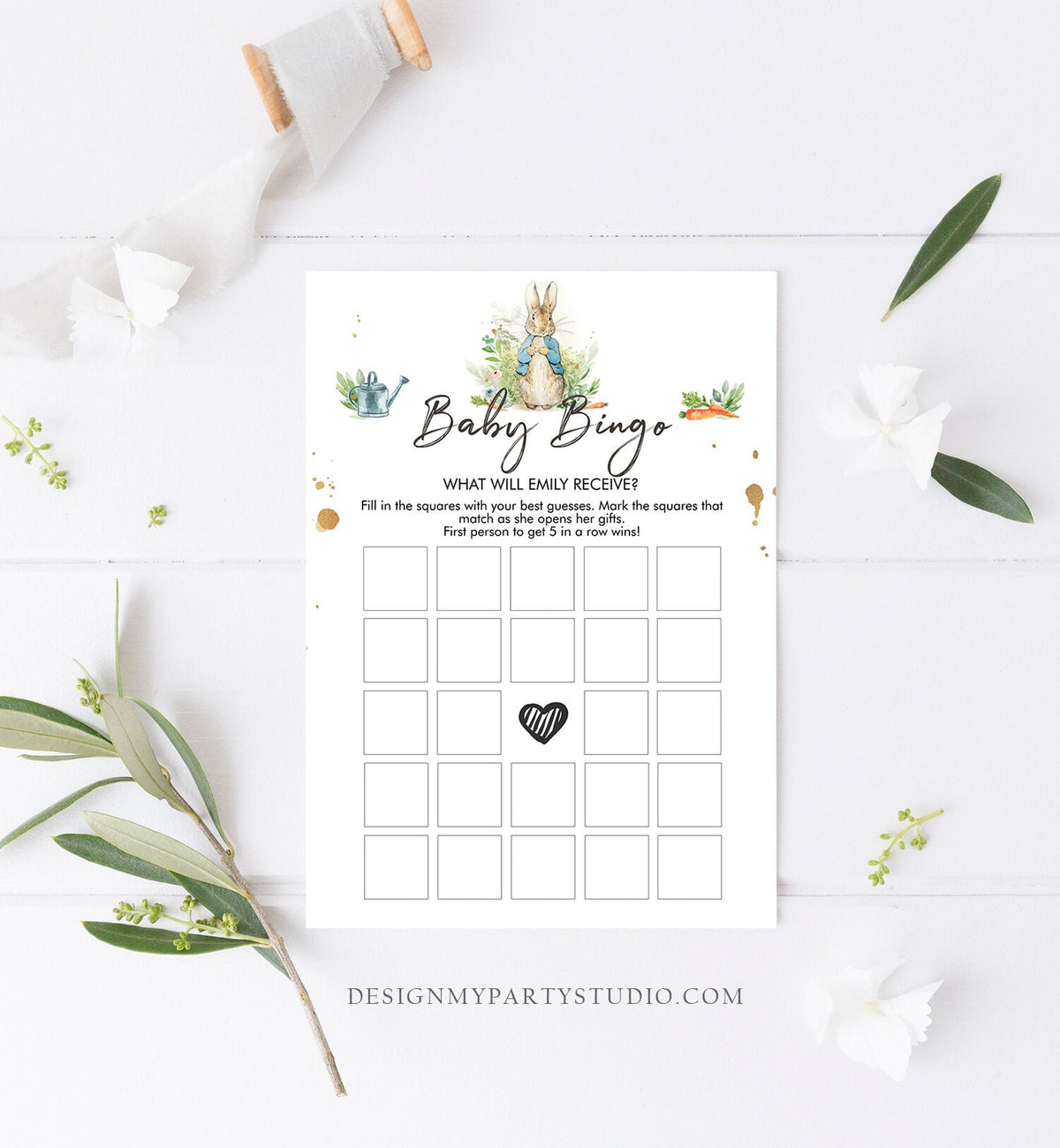 Editable Baby Bingo Baby Shower Game Greenery Peter Rabbit Baby Shower Bunny Spring Boy Floral Watercolor Corjl Template Printable 0351