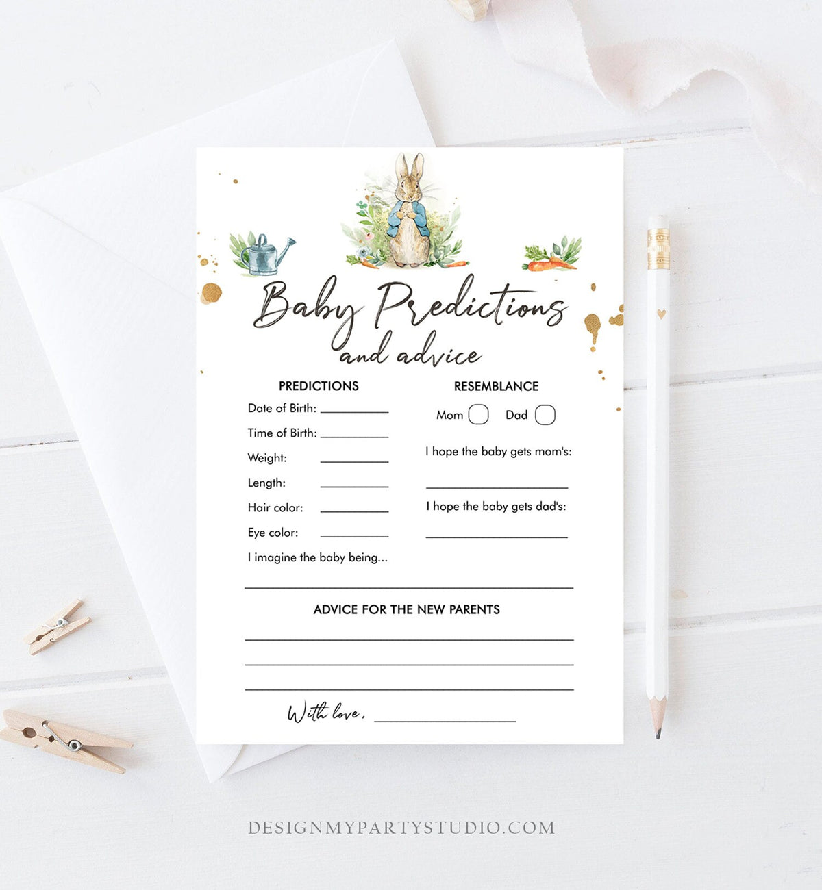 Editable Baby Predictions Baby Shower Game Advice for Parents Peter Rabbit Game Shower Activity Bunny Shower Corjl Template Printable 0351