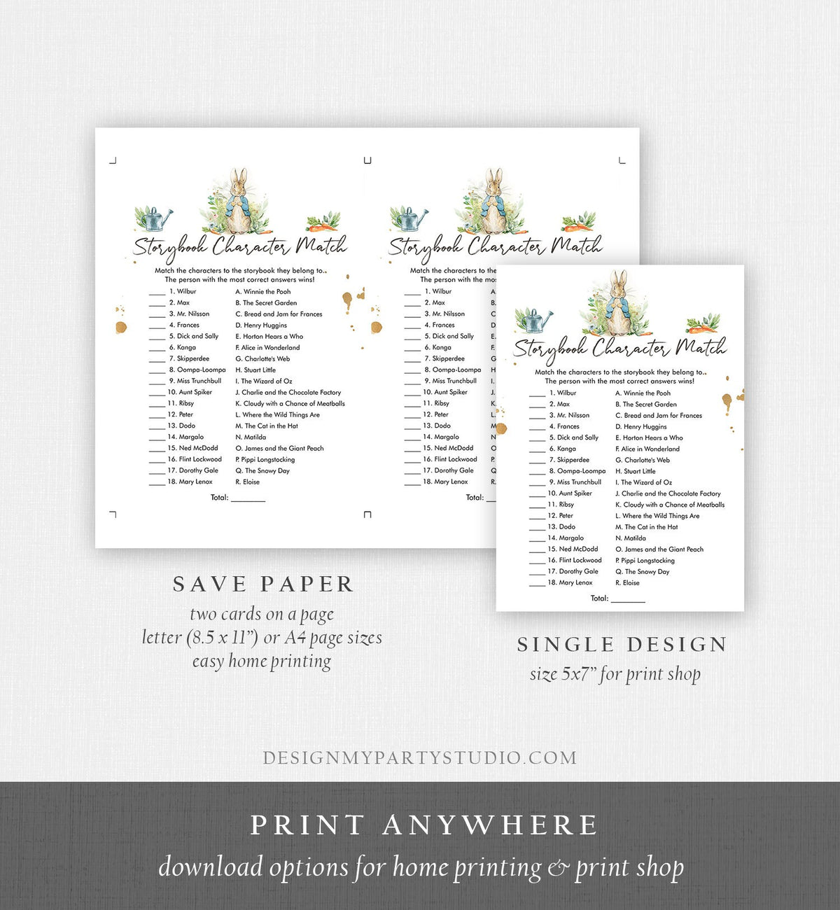 Editable Storybook Character Match Baby Shower Game Rustic Spring Bunny Baby Shower Peter Rabbit Boy Greenery Corjl Template Printable 0351