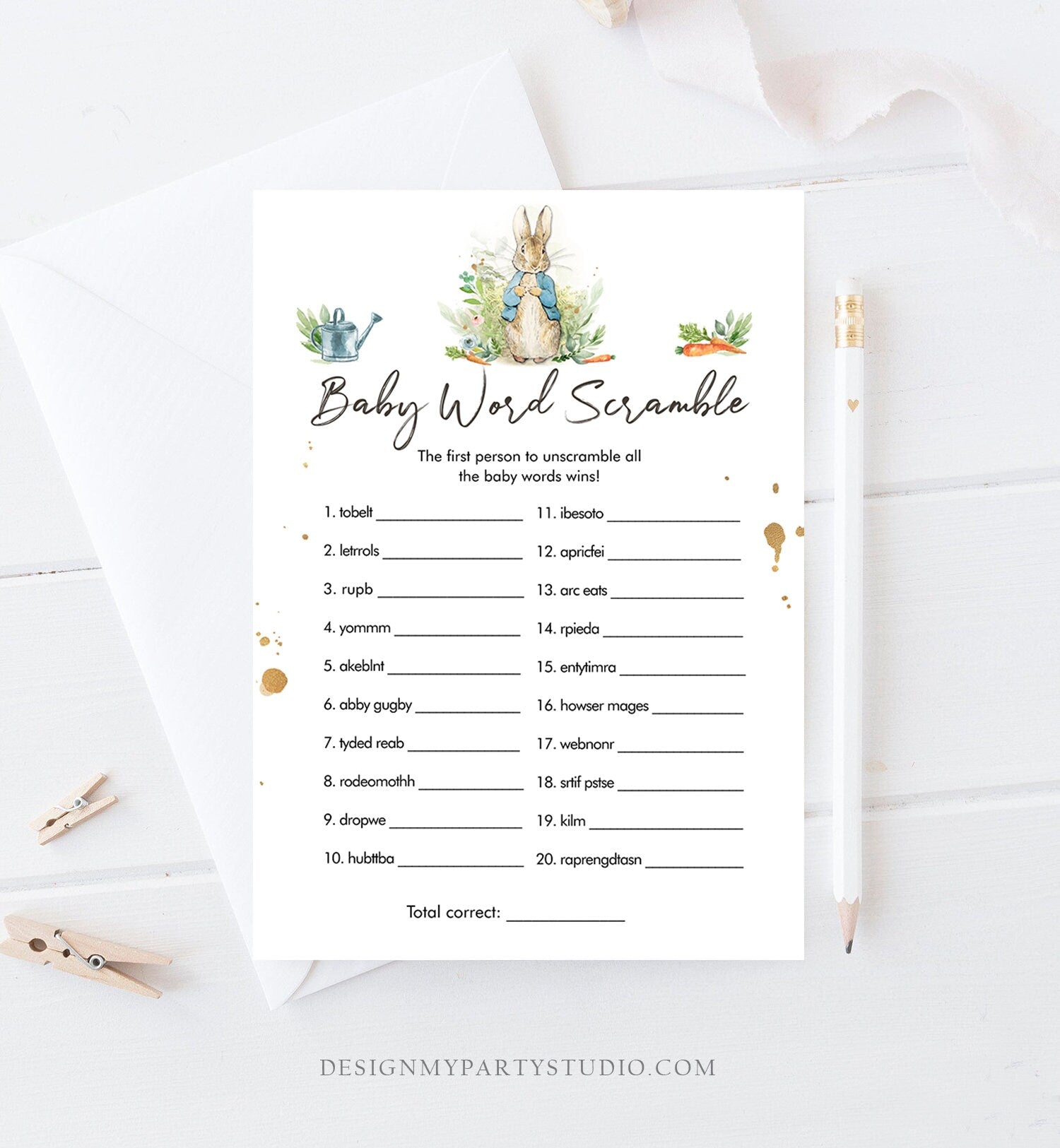 Editable Word Scramble Baby Shower Game Word Search Peter Rabbit Baby Shower Bunny Spring Watercolor Rustic Corjl Template Printable 0351