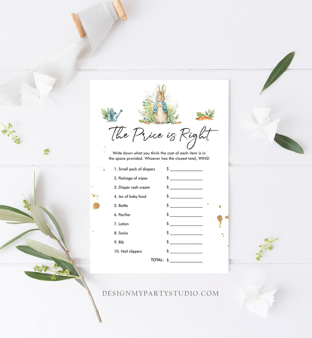 Editable The Price is Right Baby Shower Game Greenery Peter Rabbit Shower Bunny Baby Shower Spring Boy Rustic Corjl Template Printable 0351
