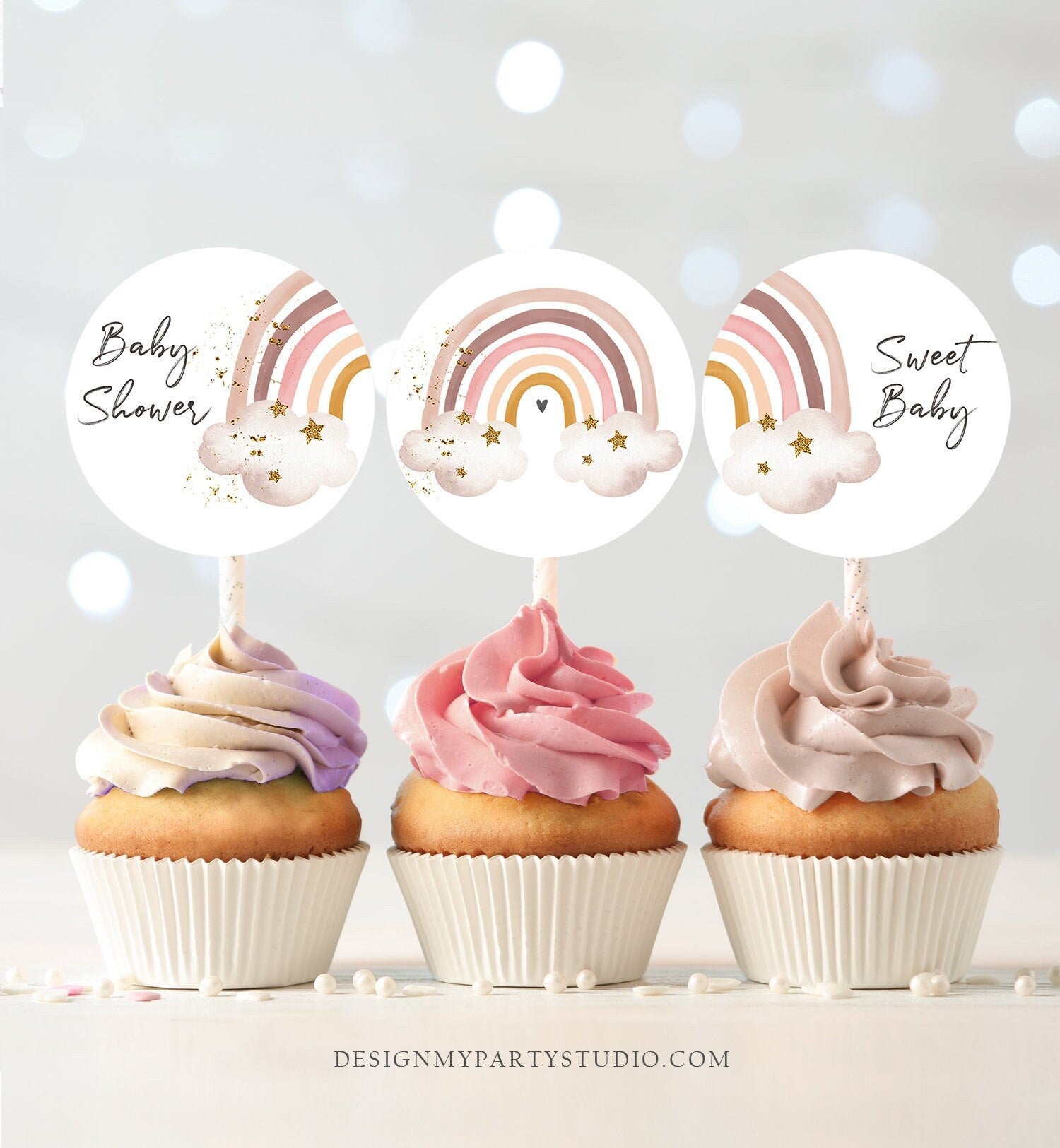 Rainbow Cupcake Toppers Favor Tags Boho Rainbow Baby Shower Rainbow Party Decor Shower Bohemian Rainbow Tags Download Digital PRINTABLE 0387