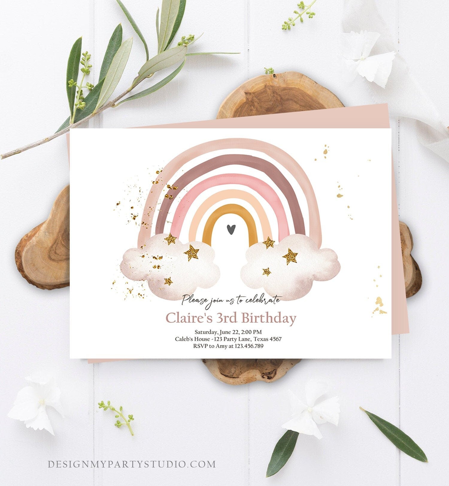 Editable Rainbow Birthday Invitation Boho Rainbow Invite Pastel 1st Bi - Design My Party Studio editable-rainbow-birthday-invitation-boho-rainbow-invite-pastel-1st-bi-design-my-party-studio