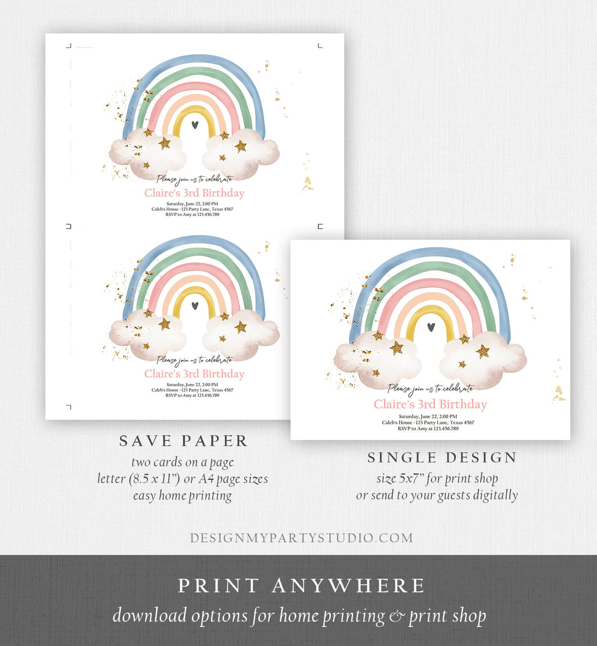Editable Rainbow Birthday Invitation Boho Rainbow Invite Pastel 1st Birthday Girls Birthday Party Printable Download Corjl Template 0387