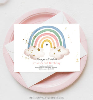 Editable Rainbow Birthday Invitation Boho Rainbow Invite Pastel 1st Birthday Girls Birthday Party Printable Download Corjl Template 0387