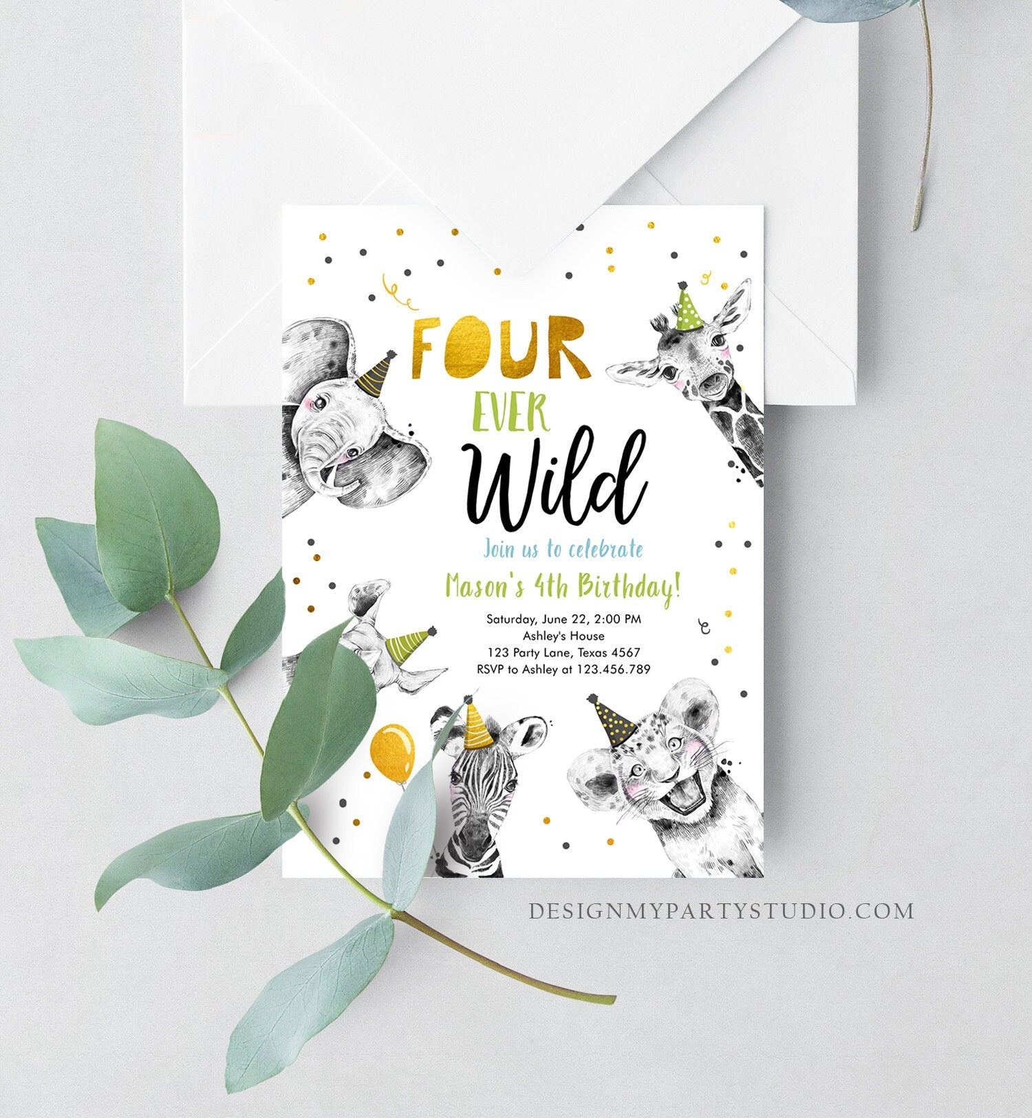 Editable Four Ever Wild Birthday Invitation Boy Green Gold Safari Party Animals Fourth Birthday 4th Printable Template Digital Corjl 0390