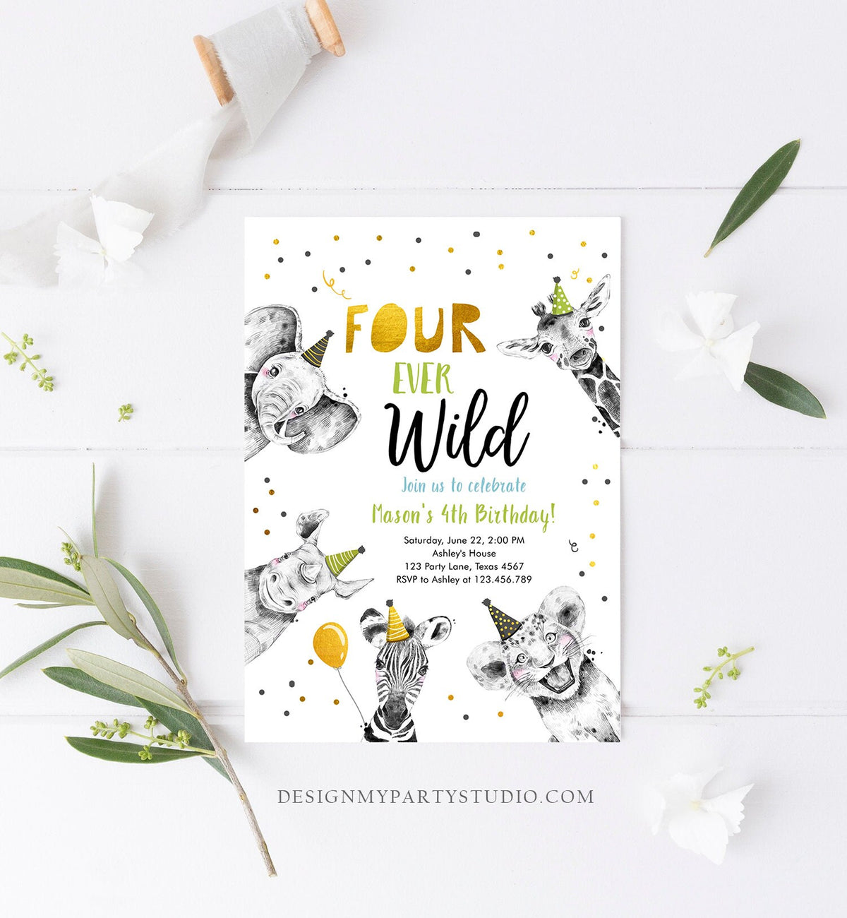 Editable Four Ever Wild Birthday Invitation Boy Green Gold Safari Party Animals Fourth Birthday 4th Printable Template Digital Corjl 0390