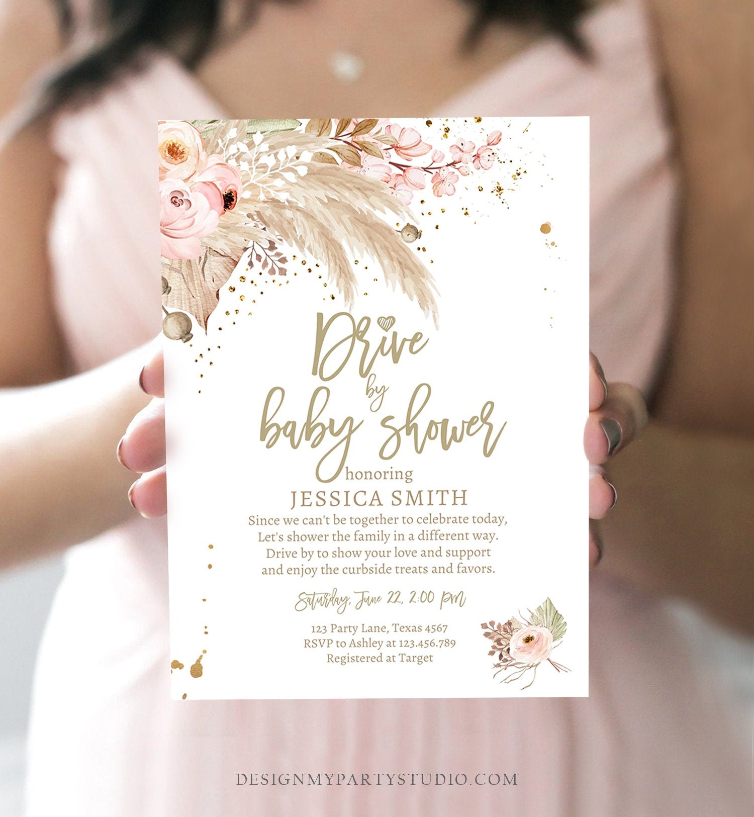 Editable Drive By Pampas Grass Baby Shower Invitation Boho Drive By Bohemian Shower Neutral Tropical Download Printable Template Corjl 0395
