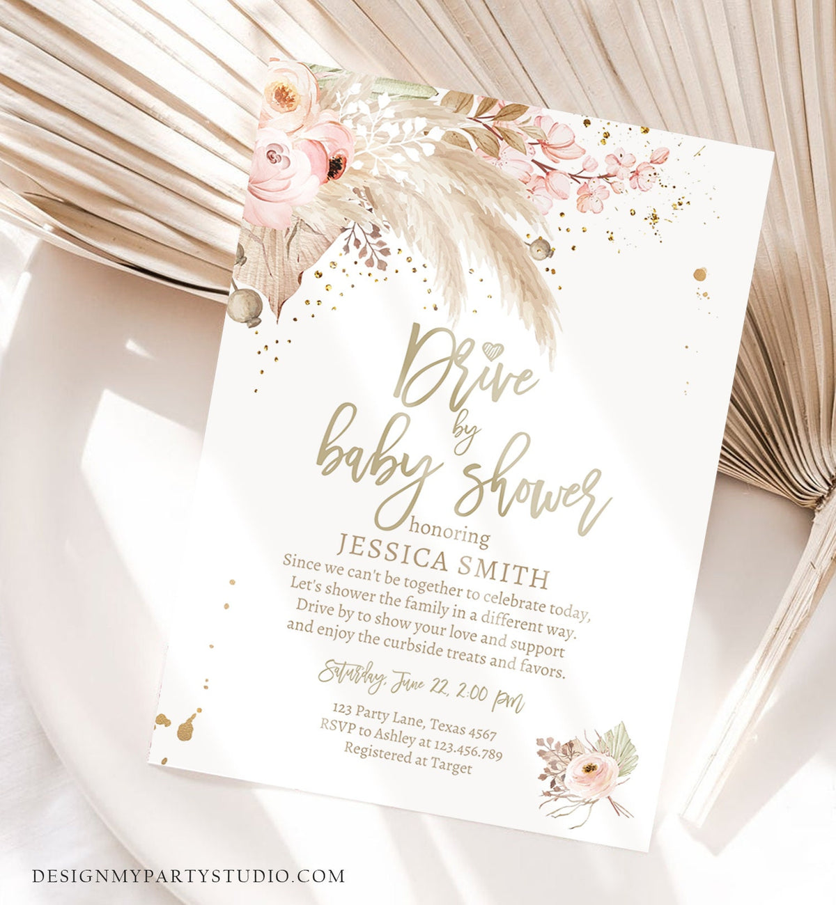 Editable Drive By Pampas Grass Baby Shower Invitation Boho Drive By Bohemian Shower Neutral Tropical Download Printable Template Corjl 0395