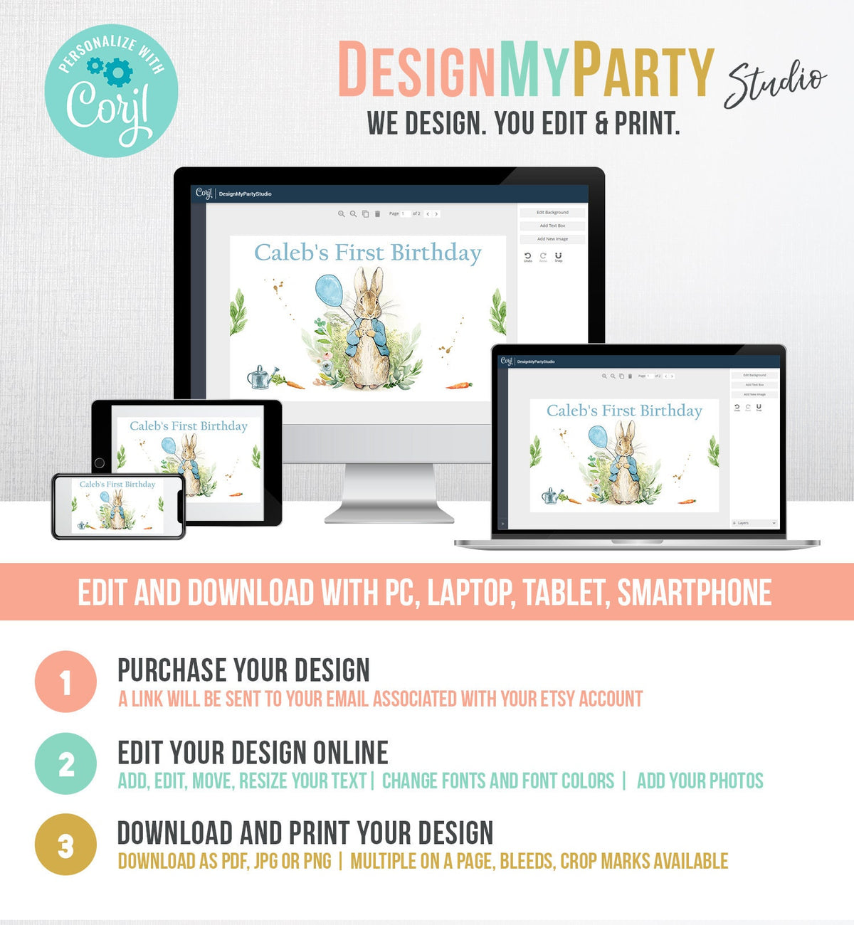 Editable Peter Rabbit Backdrop Banner Bunny Birthday Boy Bunny Birthday Spring Watercolor Rustic Blue Download Corjl Template Printable 0351