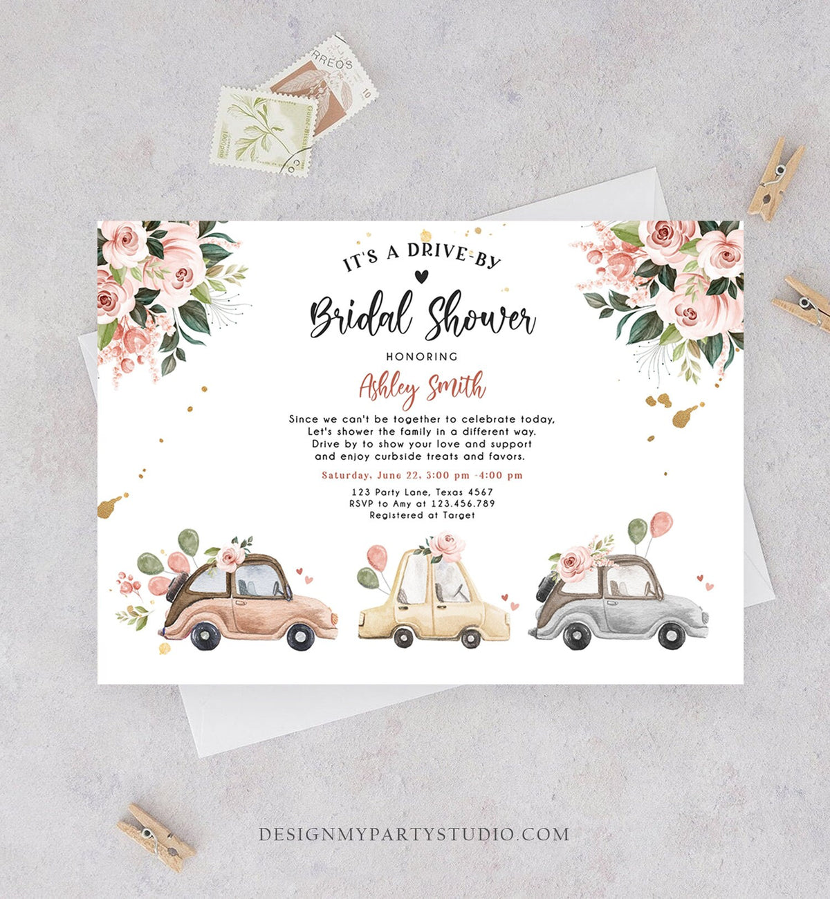 Editable Drive By Bridal Shower Invitation Couples Shower Invite Quarantine Drive Through Neutral Floral Wedding Digital Corjl Template 0335