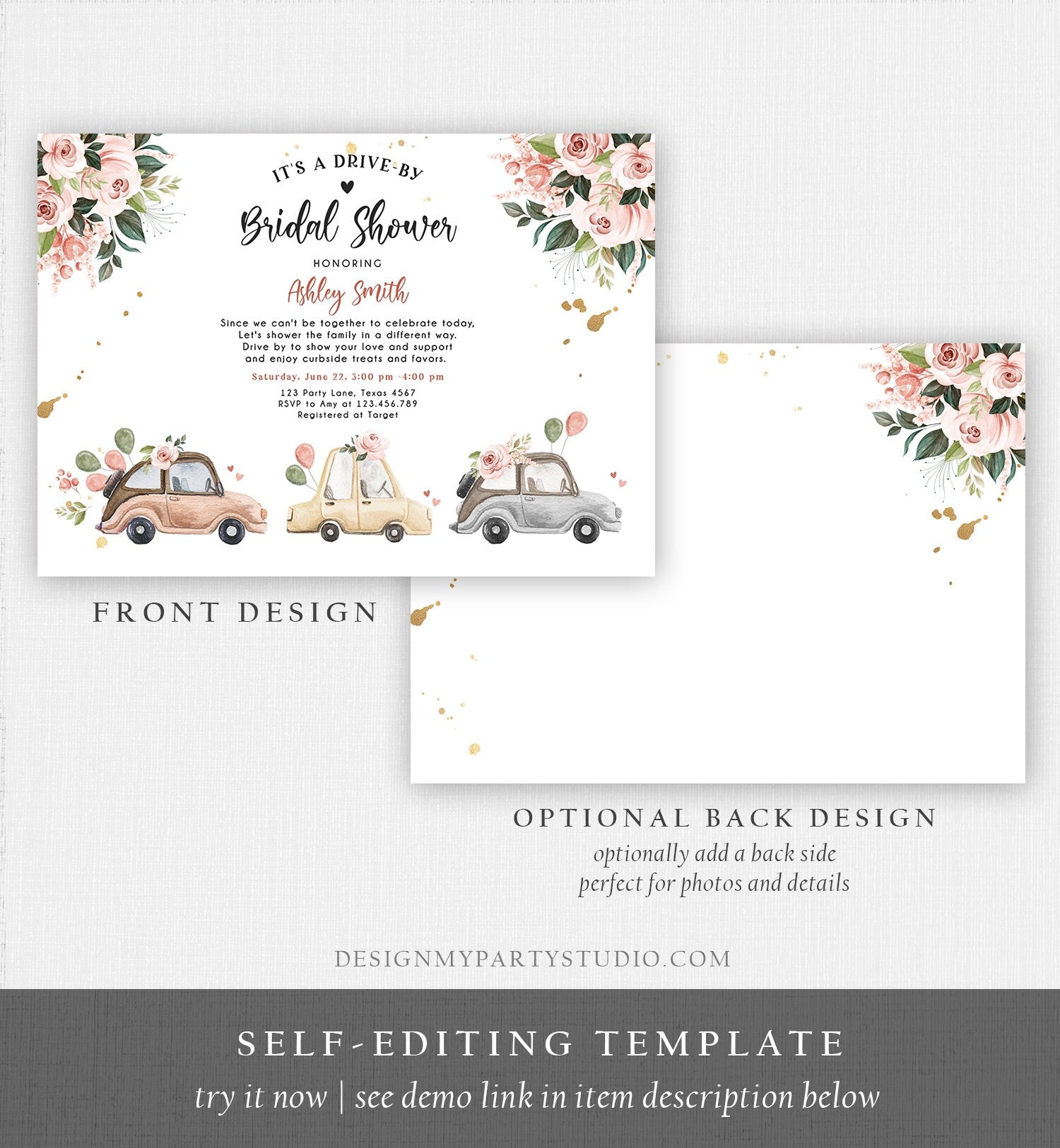 Editable Drive By Bridal Shower Invitation Couples Shower Invite Quarantine Drive Through Neutral Floral Wedding Digital Corjl Template 0335