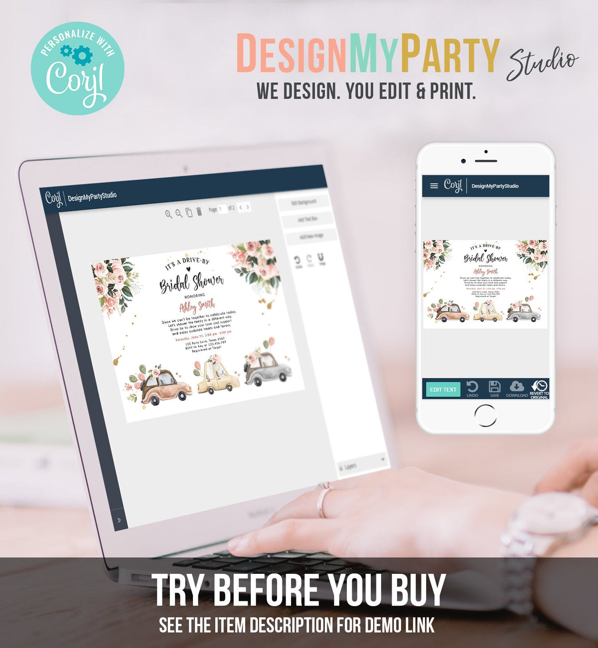 Editable Drive By Bridal Shower Invitation Couples Shower Invite Quarantine Drive Through Neutral Floral Wedding Digital Corjl Template 0335