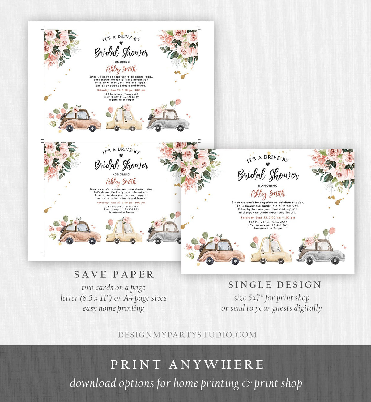 Editable Drive By Bridal Shower Invitation Couples Shower Invite Quarantine Drive Through Neutral Floral Wedding Digital Corjl Template 0335