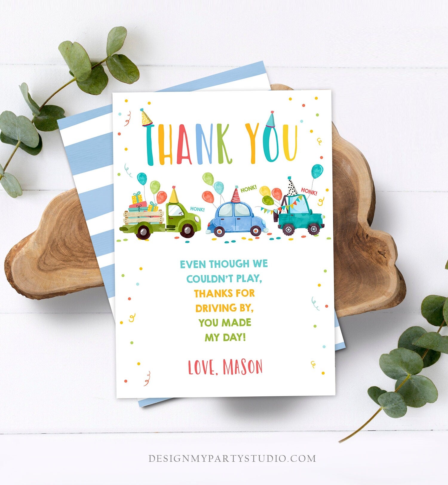 Editable Drive By Birthday Parade Thank You Card Virtual Party Invite Honk Wave Car Boy Blue Quarantine Instant Download Digital Corjl 0333