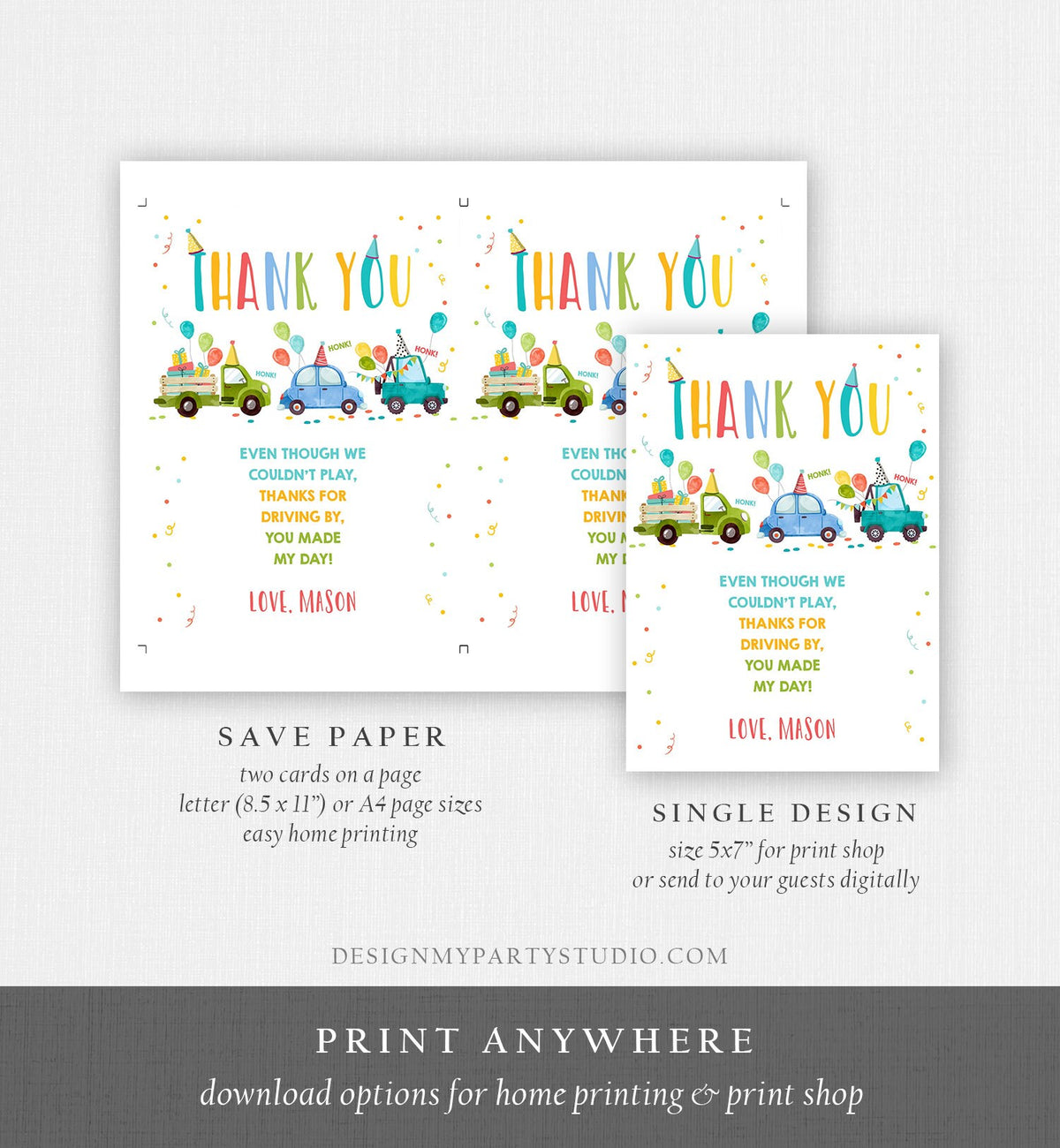 Editable Drive By Birthday Parade Thank You Card Virtual Party Invite Honk Wave Car Boy Blue Quarantine Instant Download Digital Corjl 0333