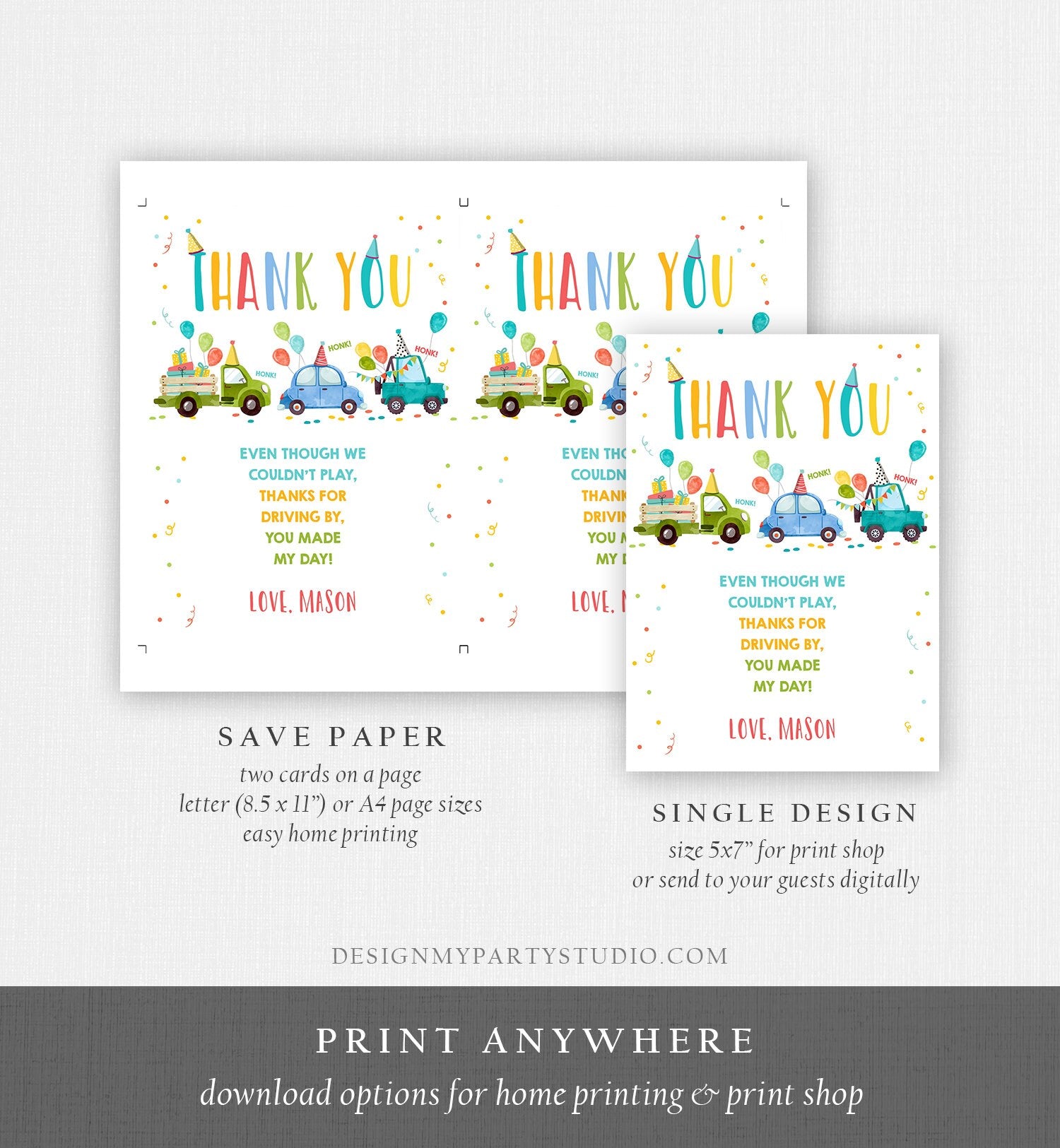 Editable Drive By Birthday Parade Thank You Card Virtual Party Invite Honk Wave Car Boy Blue Quarantine Instant Download Digital Corjl 0333