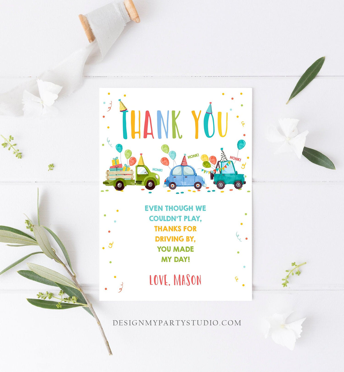 Editable Drive By Birthday Parade Thank You Card Virtual Party Invite Honk Wave Car Boy Blue Quarantine Instant Download Digital Corjl 0333