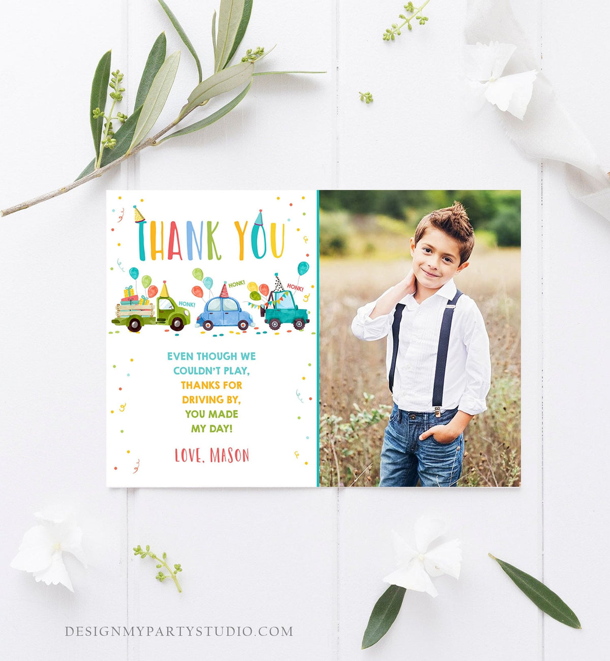 Editable Drive By Birthday Parade Thank You Card Virtual Party Invite Honk Wave Car Boy Blue Quarantine Instant Download Digital Corjl 0333