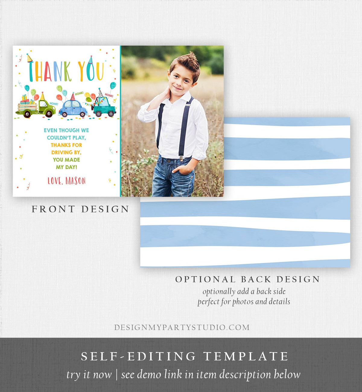 Editable Drive By Birthday Parade Thank You Card Virtual Party Invite Honk Wave Car Boy Blue Quarantine Instant Download Digital Corjl 0333