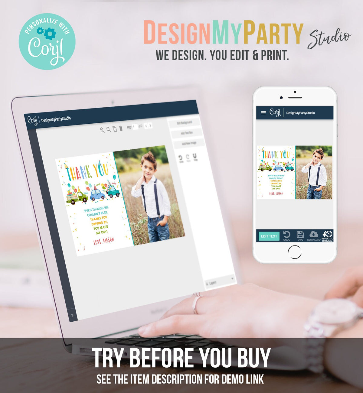 Editable Drive By Birthday Parade Thank You Card Virtual Party Invite Honk Wave Car Boy Blue Quarantine Instant Download Digital Corjl 0333