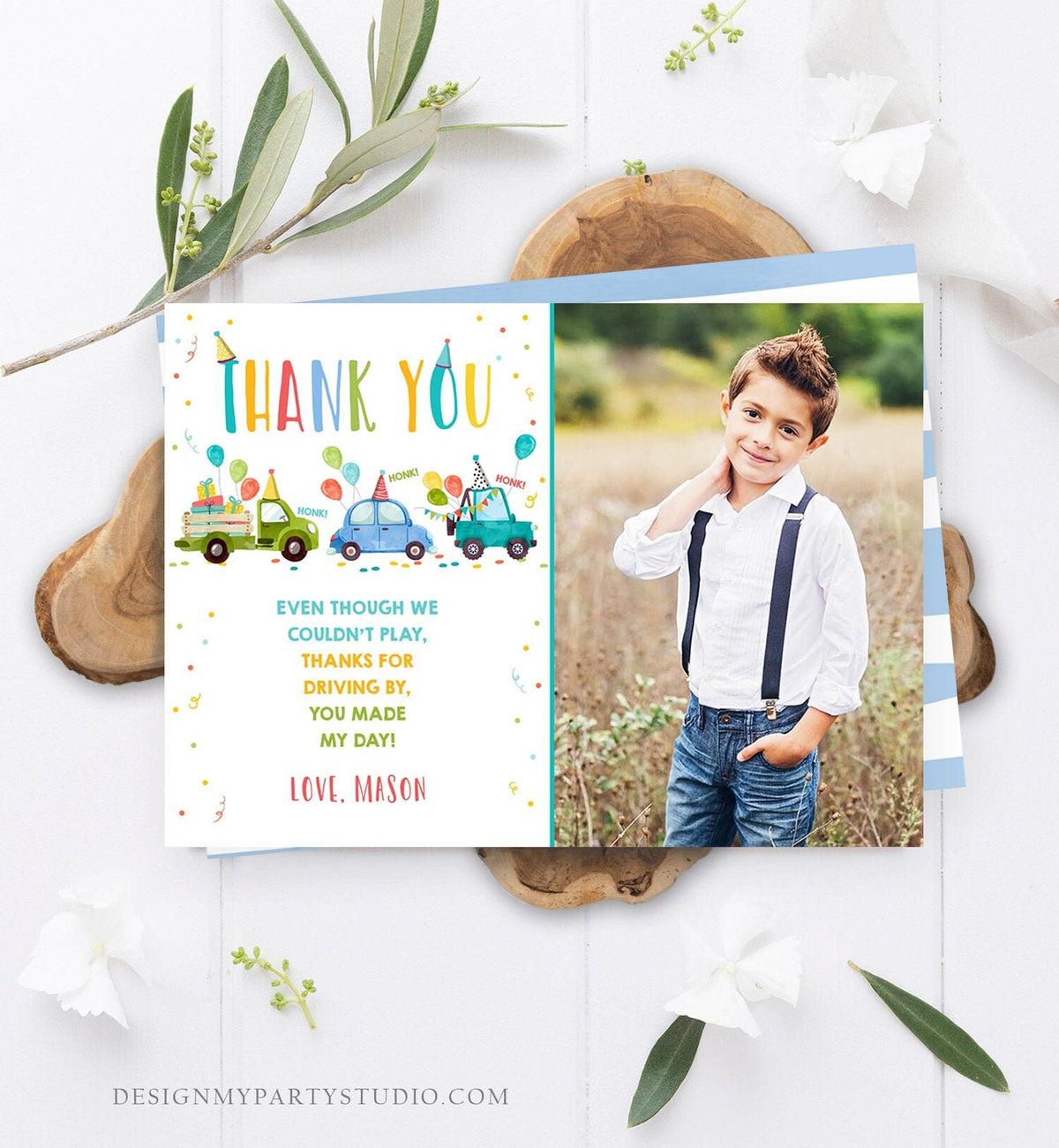 Editable Drive By Birthday Parade Thank You Card Virtual Party Invite Honk Wave Car Boy Blue Quarantine Instant Download Digital Corjl 0333
