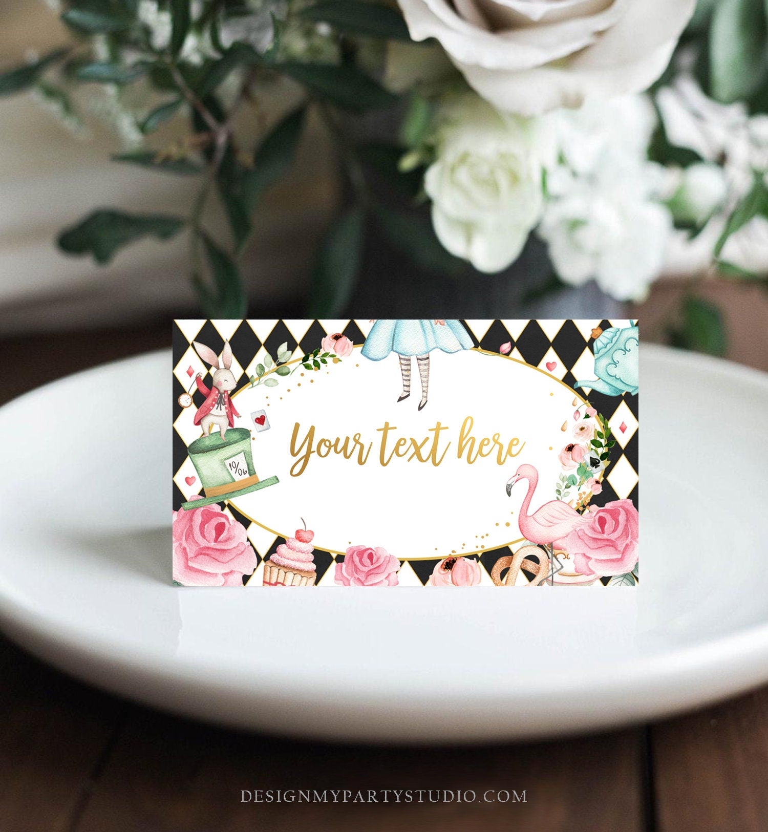 Editable Alice in Wonderland Food Label Alice Place Card Tent Card Escort Card Girl Black Tea Party Onederland Printable Corjl Template 0350