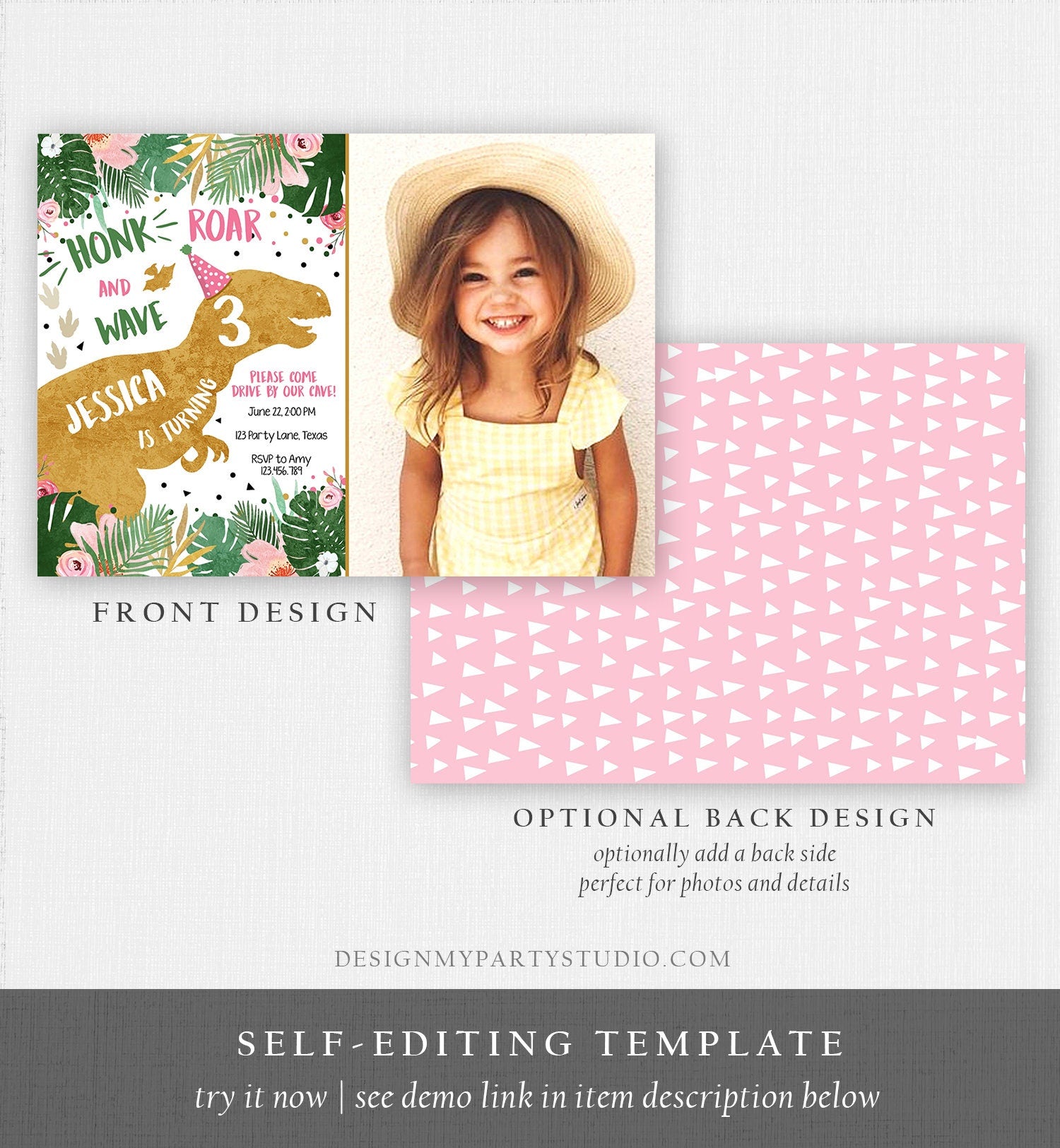 Editable Dinosaur Drive By Birthday Parade Invitation Virtual Party Invite Honk Car Girl Dino T-Rex Quarantine Download Digital Corjl 0146