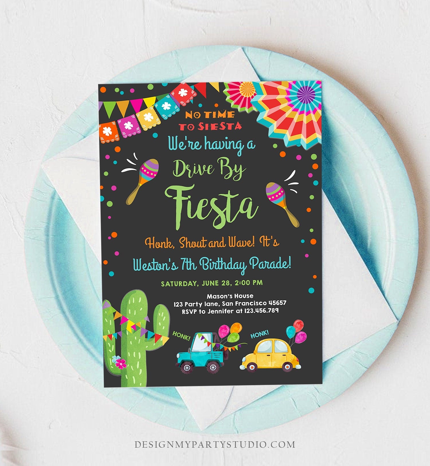 Editable Fiesta Drive By Birthday Parade Invitation Fiesta Birthday Party Invite Honk Wave Car Quarantine Download Digital Corjl 0045