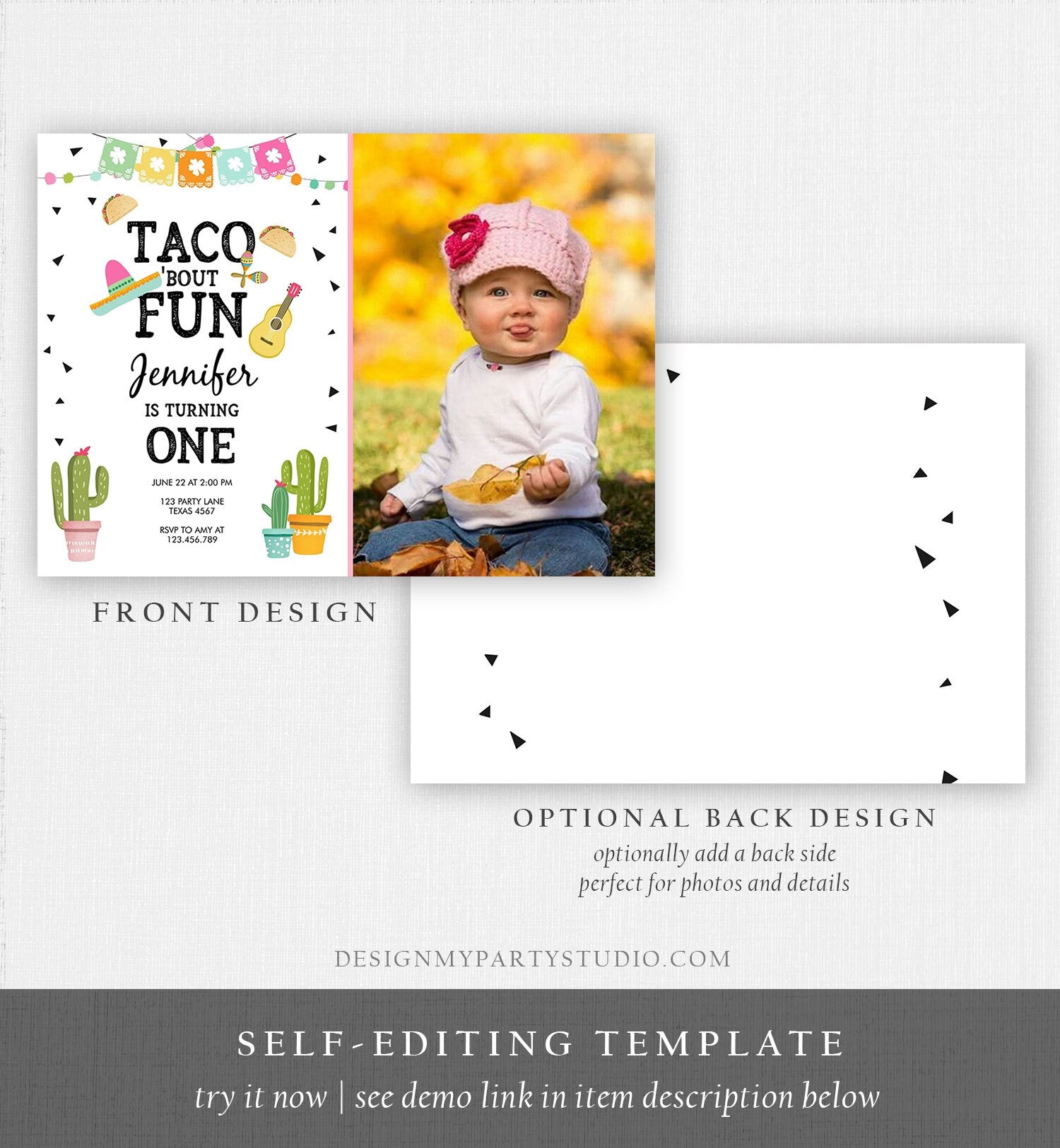 Editable Taco Bout Fun Birthday Invitation Girl First Fiesta Birthday Cactus Sombrero Pink Instant Download Printable Template Corjl 0161