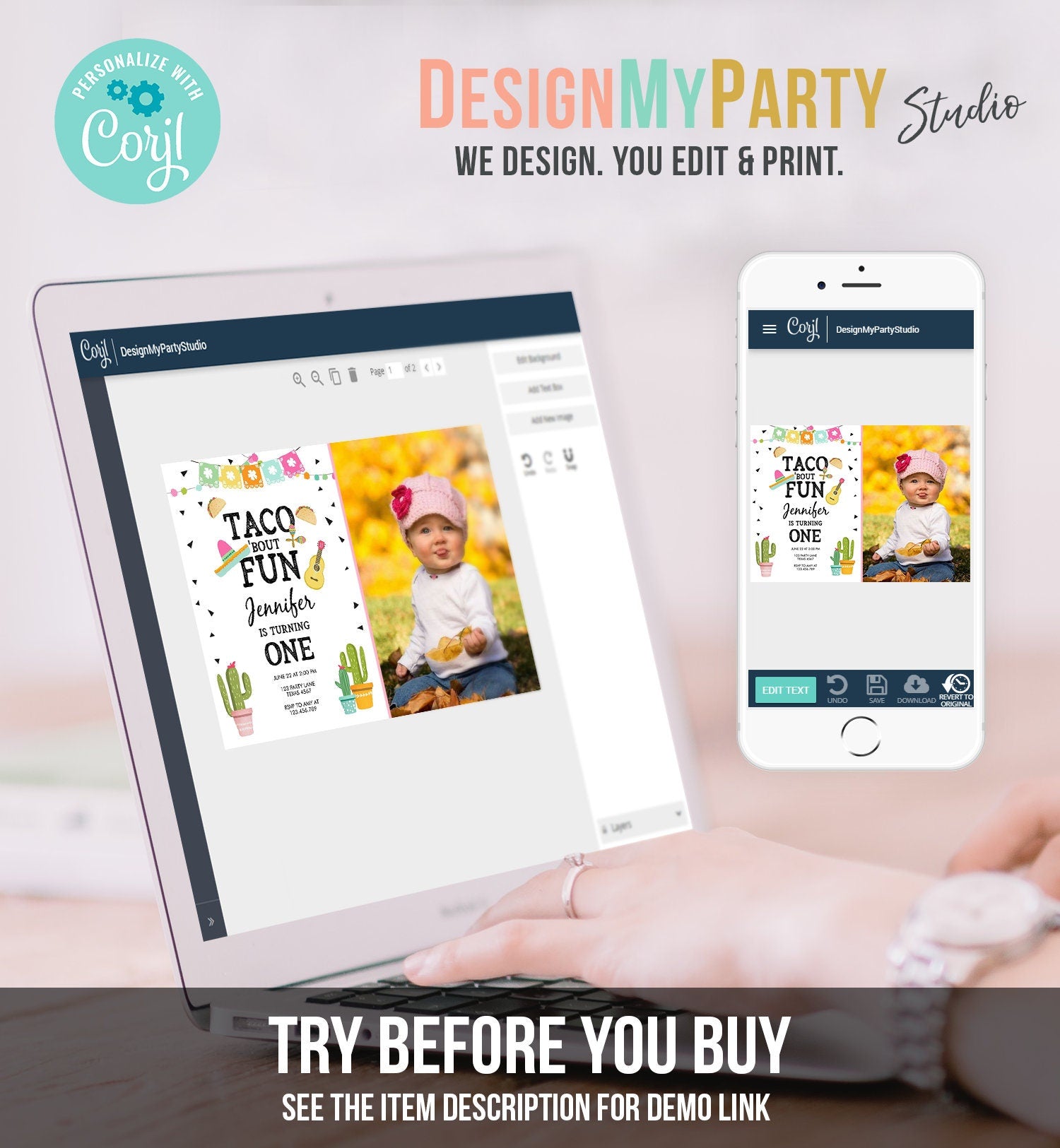 Editable Taco Bout Fun Birthday Invitation Girl First Fiesta Birthday Cactus Sombrero Pink Instant Download Printable Template Corjl 0161