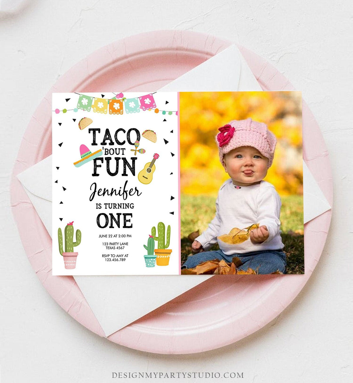 Editable Taco Bout Fun Birthday Invitation Girl First Fiesta Birthday Cactus Sombrero Pink Instant Download Printable Template Corjl 0161