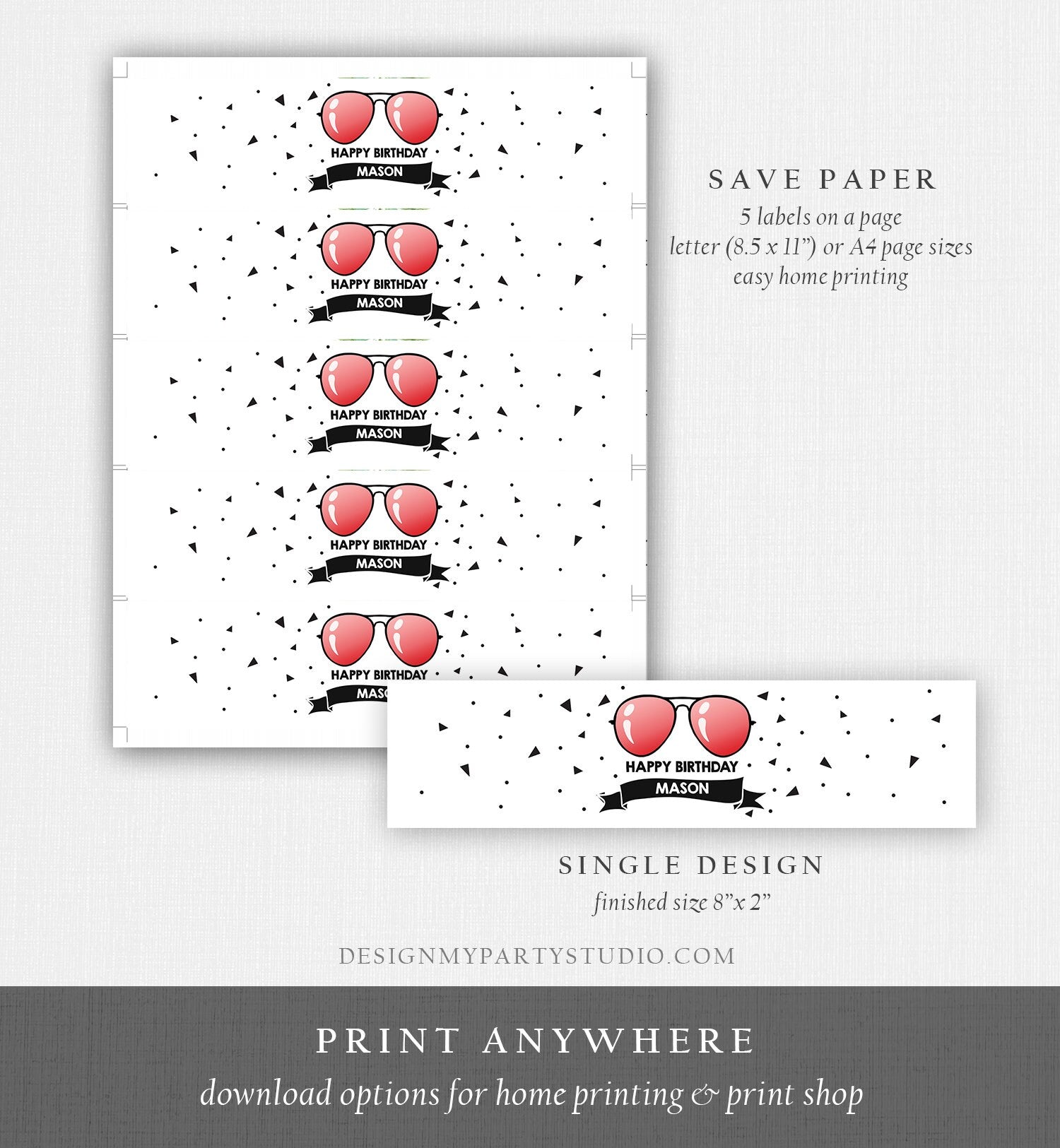 Editable Water Bottle Labels Sunglasses Two Cool Birthday Boy 2nd Birthday Red Summer I'm This Many Palm Decor Printable Template Corjl 0136