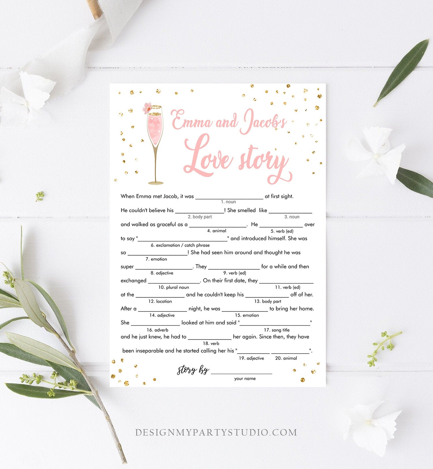 Editable Love Story Bride Bridal Shower Game Brunch and Bubbly Mad Libs Bride Groom Wedding Activity Gold Corjl Template Printable 0150