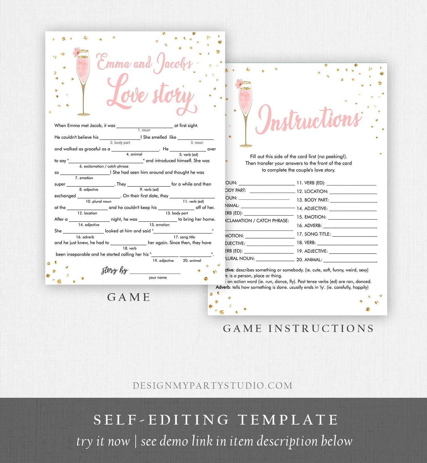 Editable Love Story Bride Bridal Shower Game Brunch and Bubbly Mad Libs Bride Groom Wedding Activity Gold Corjl Template Printable 0150