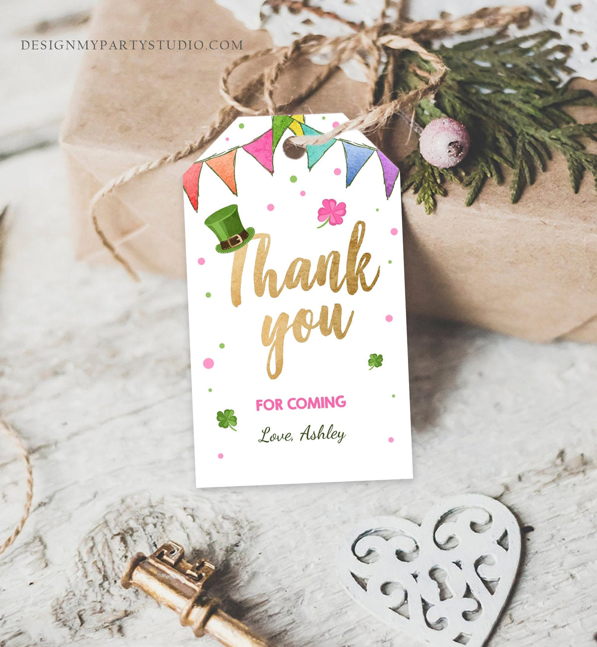 Editable St Patrick&#39;s Day Favor Tags St. Patricks Day Thank you Tags Lucky One Birthday Clover Shamrock Girl Pink Gold Template Corjl 0115