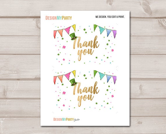 St Patricks Day Thank you Card St Patrick's Day Birthday Thank You Note Shamrock Girl Gold Lucky One Birthday 4x6"  Instant Download 0115