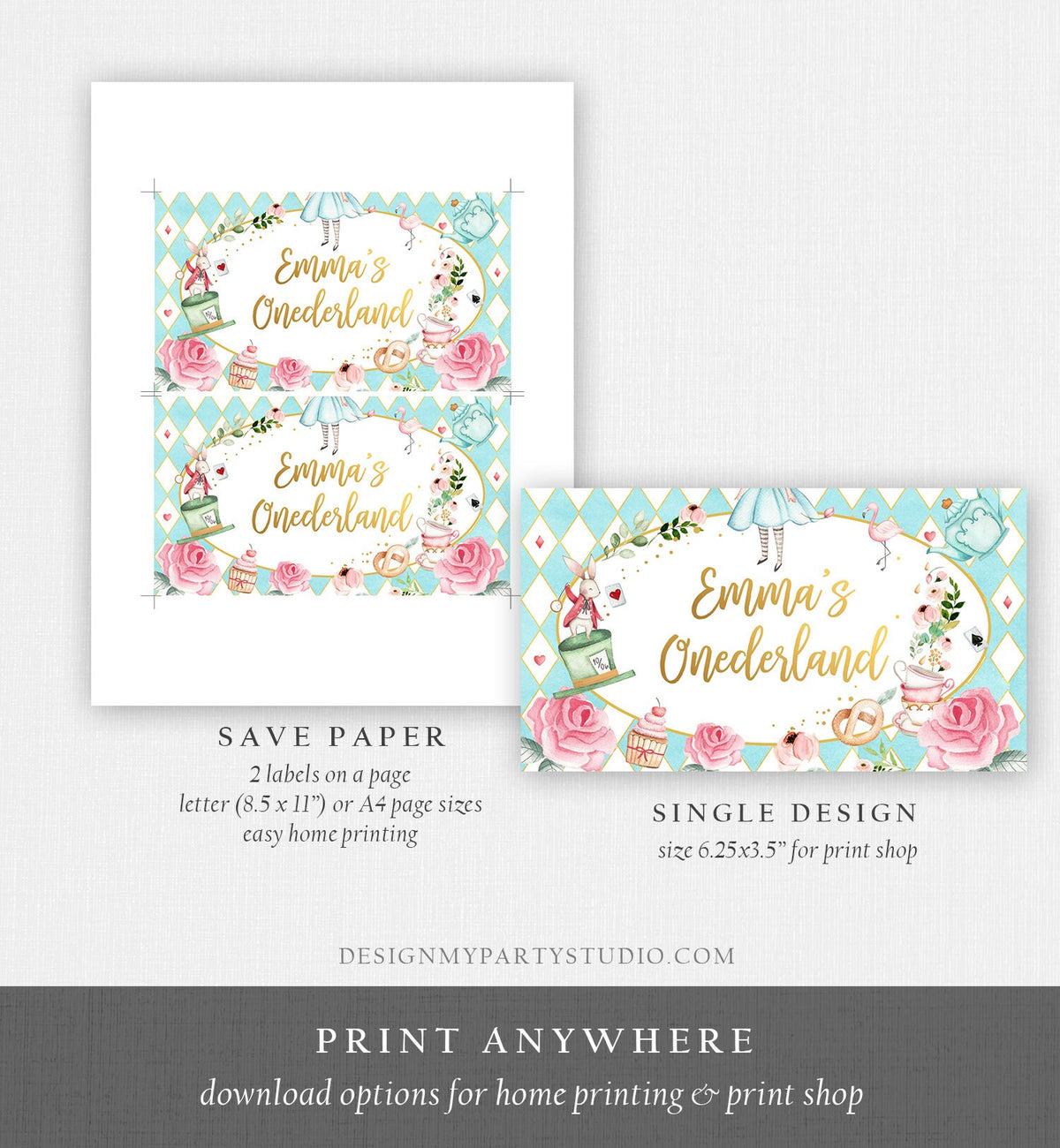 Editable Alice in Wonderland Gable Gift Box Label Alice In Onederland Birthday Girl Treat Box Label Tea Party Download Printable Corjl 0350