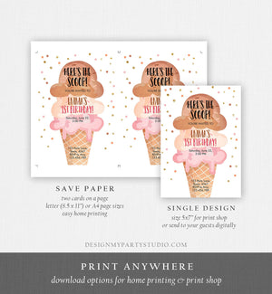 Editable Ice Cream Birthday Invitation First Birthday Party Here's the Scoop Cone Pink Boho Gold Coral Printable Template Corjl 0243