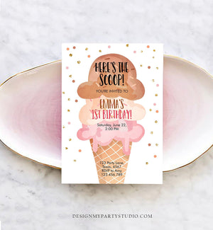 Editable Ice Cream Birthday Invitation First Birthday Party Here's the Scoop Cone Pink Boho Gold Coral Printable Template Corjl 0243