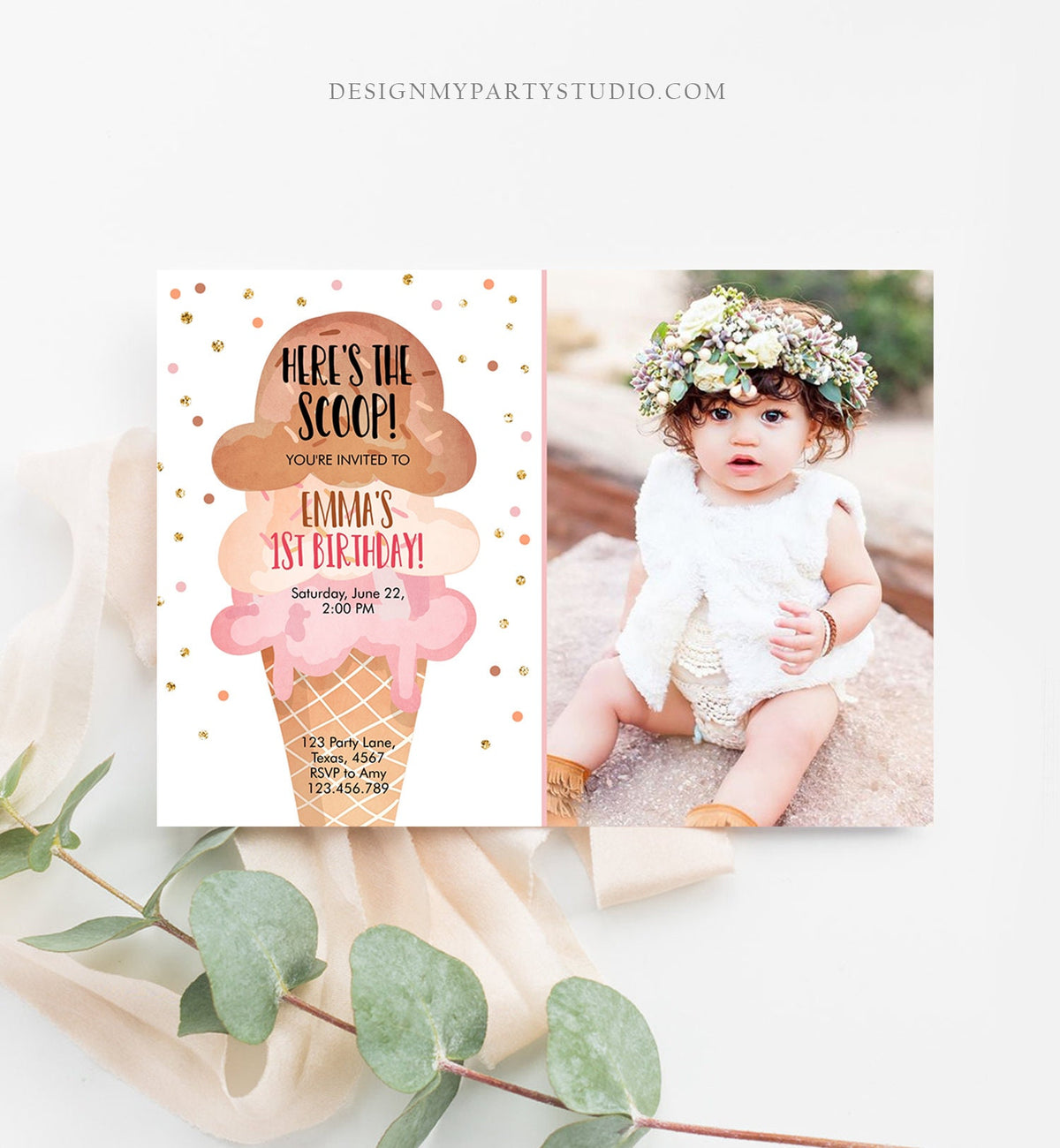 Editable Ice Cream Birthday Invitation First Birthday Party Here's the Scoop Cone Pink Boho Gold Coral Printable Template Corjl 0243