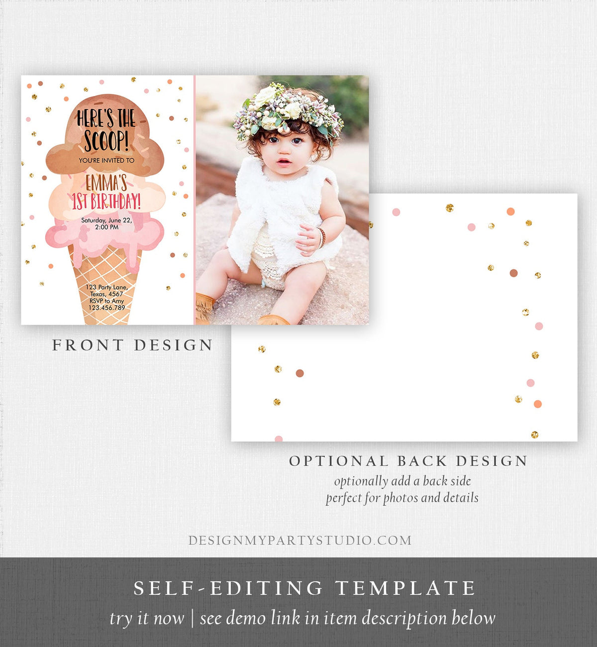 Editable Ice Cream Birthday Invitation First Birthday Party Here's the Scoop Cone Pink Boho Gold Coral Printable Template Corjl 0243