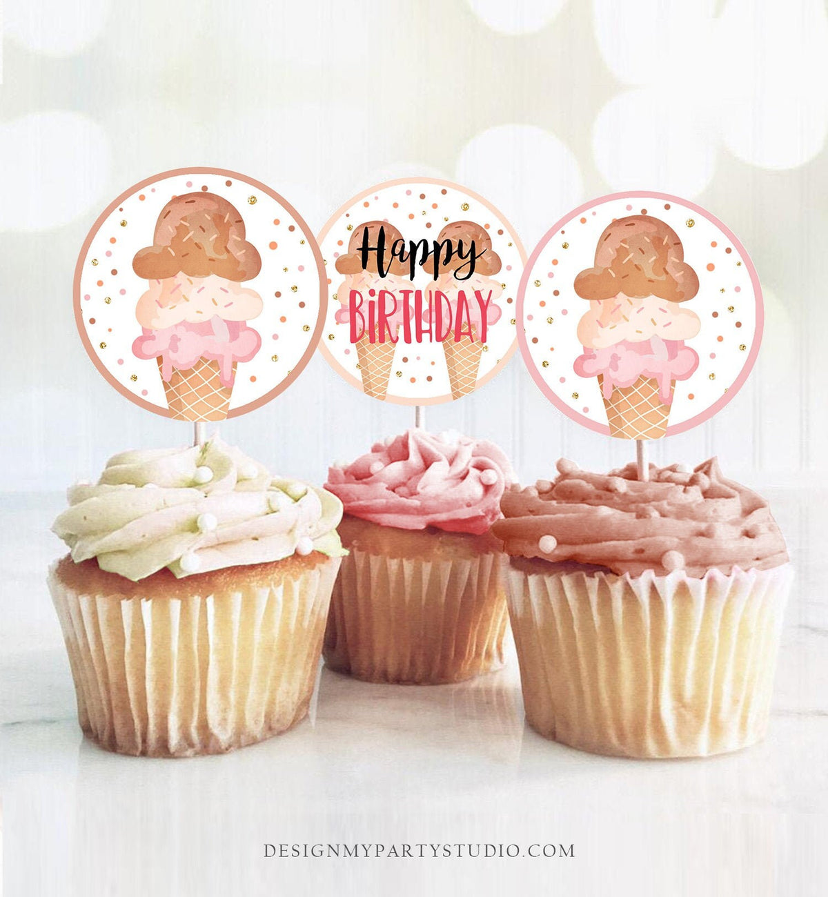 Ice Cream Cupcake Toppers Favor Tags Ice Cream Birthday Party Decoration Pink Boho Coral Summer Scoop download Digital PRINTABLE 0243