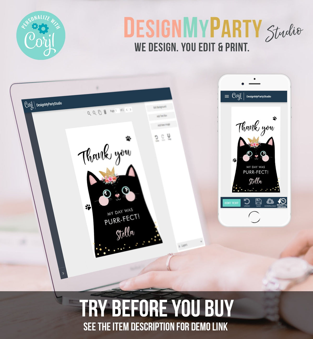 Editable Kitten Birthday Favor Tags Kitty Birthday Thank you Label Cat Party Gift tags Girl Black Purrfect Template Corjl PRINTABLE 0381