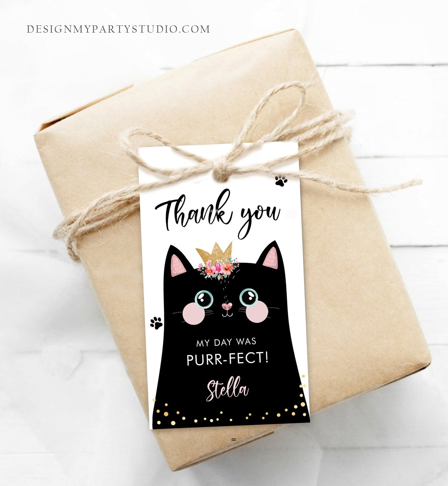 Editable Kitten Birthday Favor Tags Kitty Birthday Thank you Label Cat Party Gift tags Girl Black Purrfect Template Corjl PRINTABLE 0381