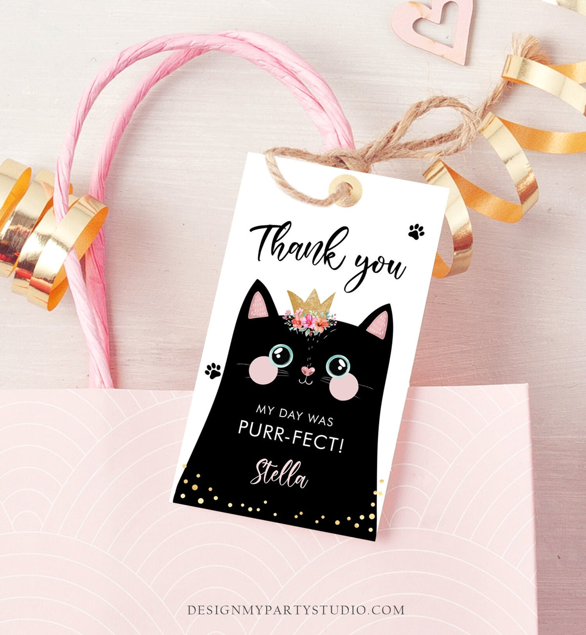 Editable Kitten Birthday Favor Tags Kitty Birthday Thank you Label Cat Party Gift tags Girl Black Purrfect Template Corjl PRINTABLE 0381