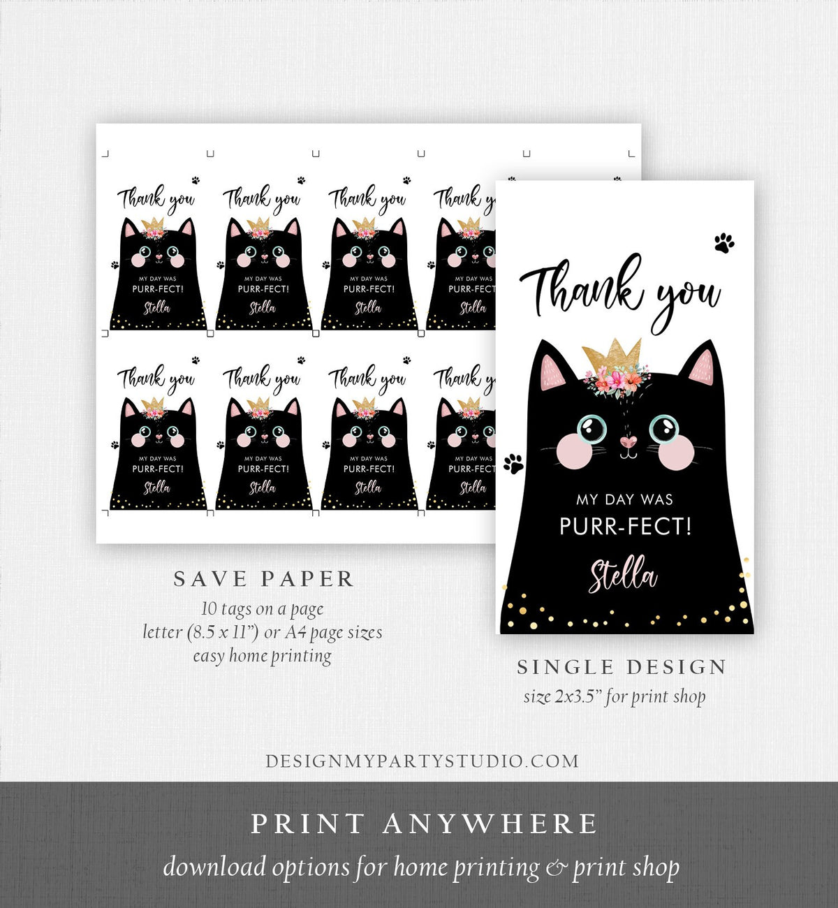 Editable Kitten Birthday Favor Tags Kitty Birthday Thank you Label Cat Party Gift tags Girl Black Purrfect Template Corjl PRINTABLE 0381