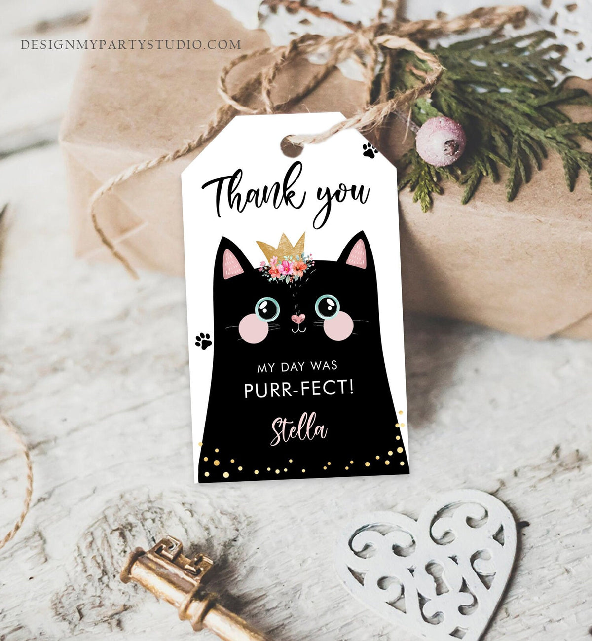 Editable Kitten Birthday Favor Tags Kitty Birthday Thank you Label Cat Party Gift tags Girl Black Purrfect Template Corjl PRINTABLE 0381